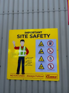 Site safety guidelines and warnings displayed.