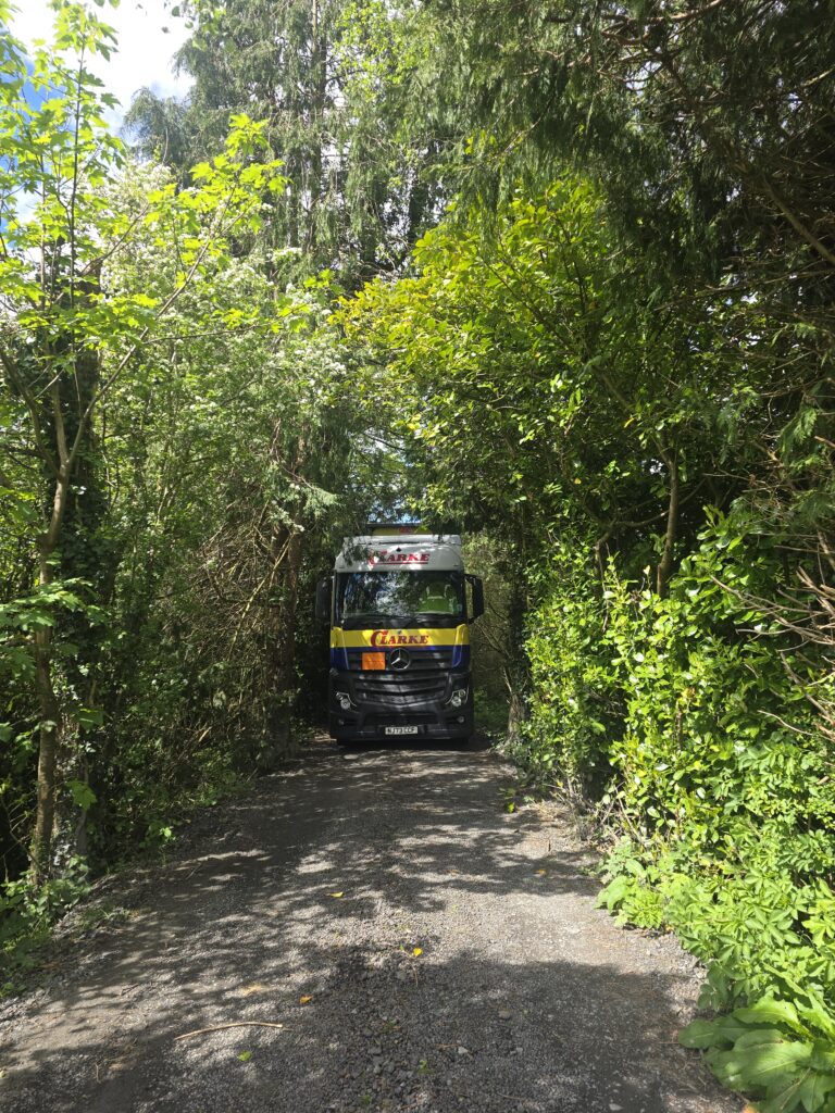 Current image: Lorry navigating a narrow, overgrown path.